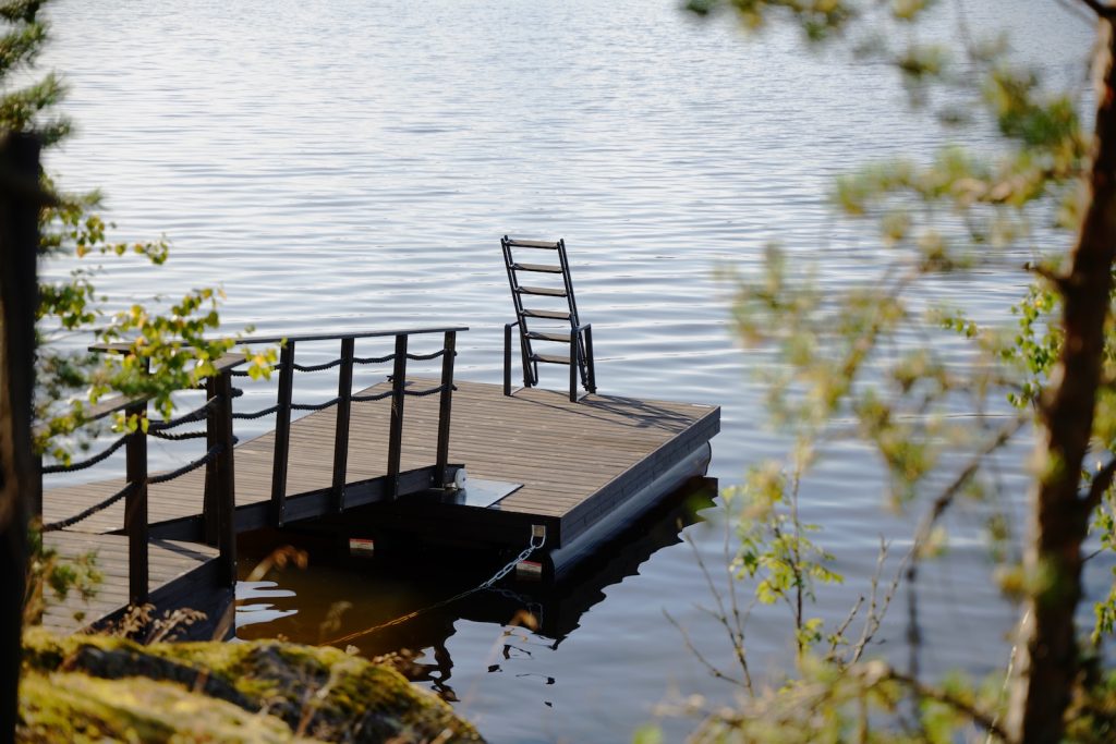 A pier on a lake with a ladder leading into the water